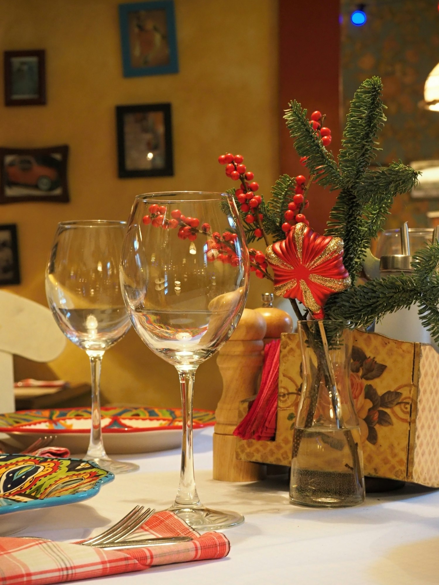 Christmas decor of the dining table in small family restaurant